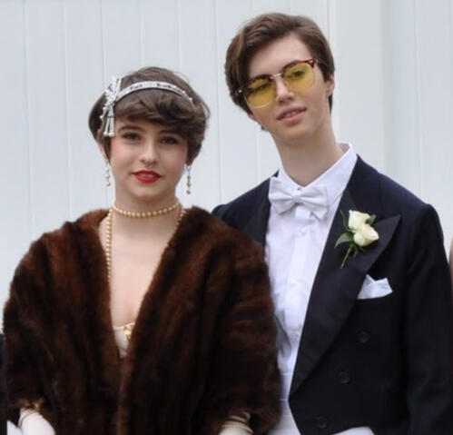 Gatsby Prom, 2018 Reuven in a Ciccarone (Dmitri's grandmother's) heirloom fur coat & pearl flapper headdress, and Dmitri in a slick black tux with tailcoats and a white corsage and bowtie!